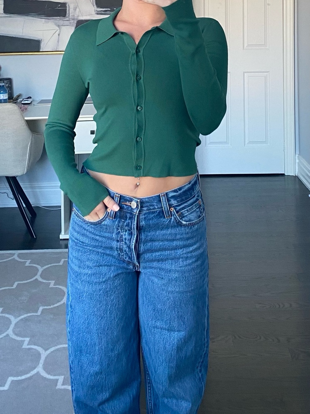 Aritzia Green Long Sleeve Button Down Crop Top